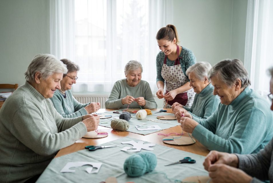Skupina seniorov tvorí pri jednom stole, opatrovateľka im pomáha