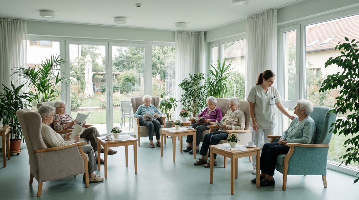 Svetlá spoločenská miestnosť s kreslami, sediacimi seniormi a opatrovateľkou