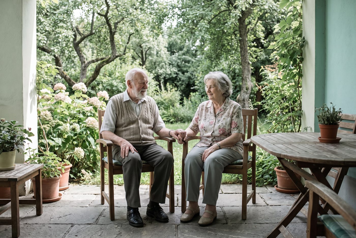Dvaja seniori sedia na terase medzi hortenziami
